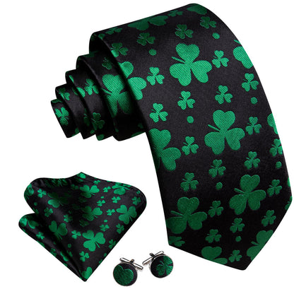 Black & Emerald Clover Silk Tie Set tie sets - Sophisticated Gentlemen
