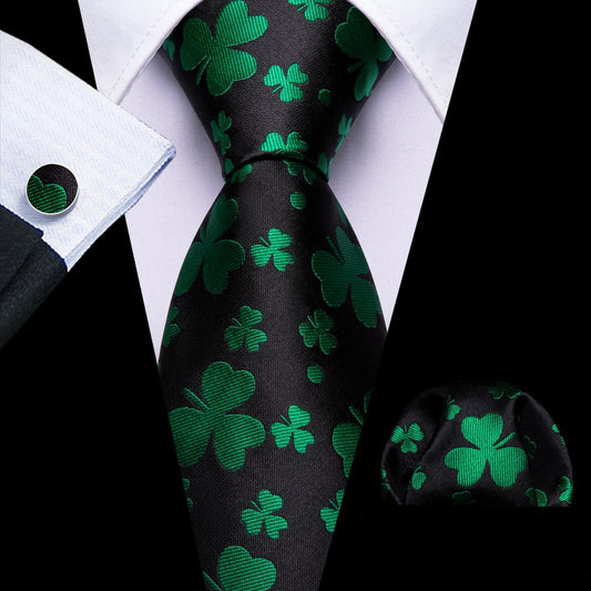 Black & Emerald Clover Silk Tie Set tie sets - Sophisticated Gentlemen