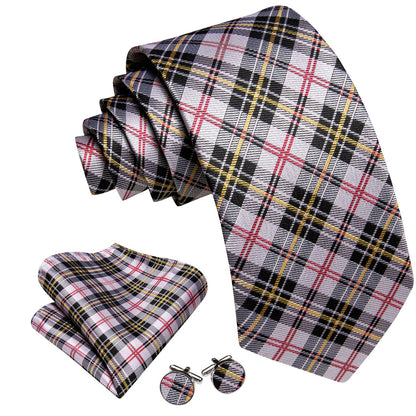 Black White Gray Yellow Checkered Tie, Pocket Square and Cufflinks Set tie sets    - Sophisticated Gentlemen