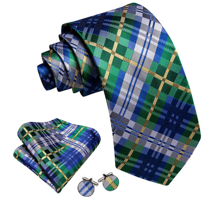 Blue Silver Gray Yellow Checkered Tie, Pocket Square and Cufflinks Set tie sets    - Sophisticated Gentlemen