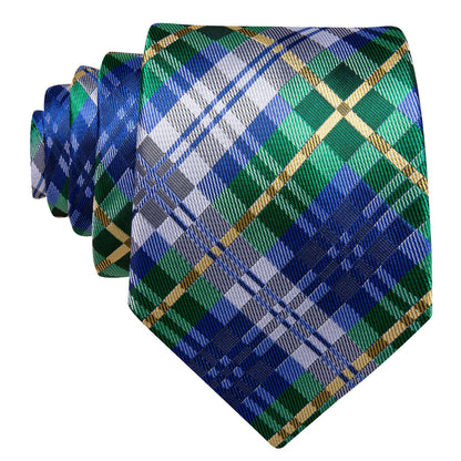 Blue Silver Gray Yellow Checkered Tie, Pocket Square and Cufflinks Set tie sets    - Sophisticated Gentlemen