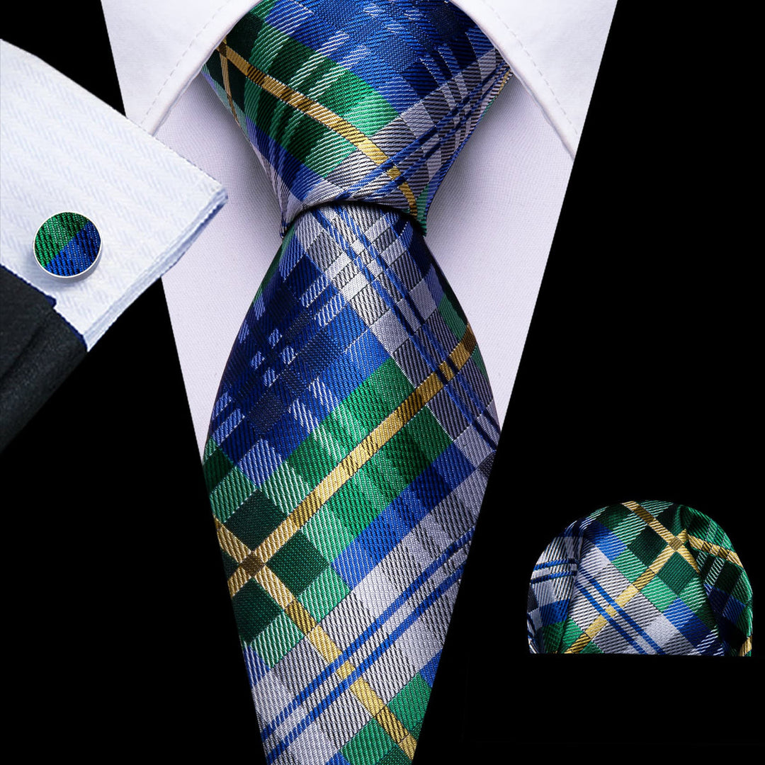 Blue Silver Gray Yellow Checkered Tie, Pocket Square and Cufflinks Set tie sets    - Sophisticated Gentlemen