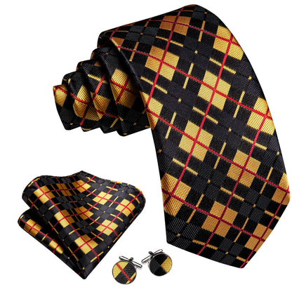 Black Yellow Checkered Jacquard Tie, Pocket Square and Cufflinks Set tie sets    - Sophisticated Gentlemen