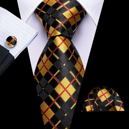 Black Yellow Checkered Jacquard Tie, Pocket Square and Cufflinks Set tie sets    - Sophisticated Gentlemen