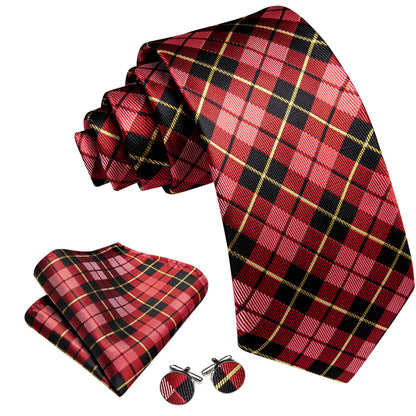 Black Red Checkered Jacquard Tie, Pocket Square and Cufflinks Set tie sets    - Sophisticated Gentlemen