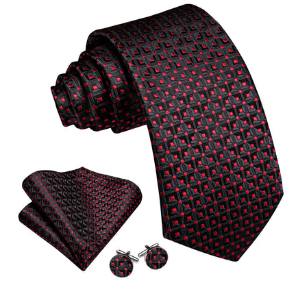 Black Red Jacquard Polka Dots Tie, Pocket Square and Cufflinks Set tie sets    - Sophisticated Gentlemen