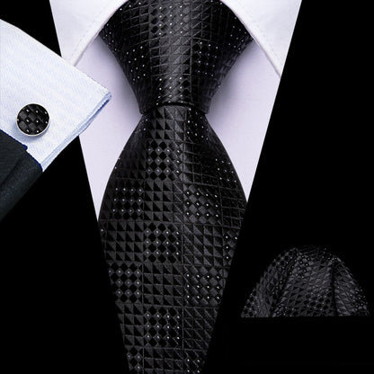 Black White Polka Dots Jacquard Geometric Tie, Pocket Square and Cufflinks Set tie sets    - Sophisticated Gentlemen