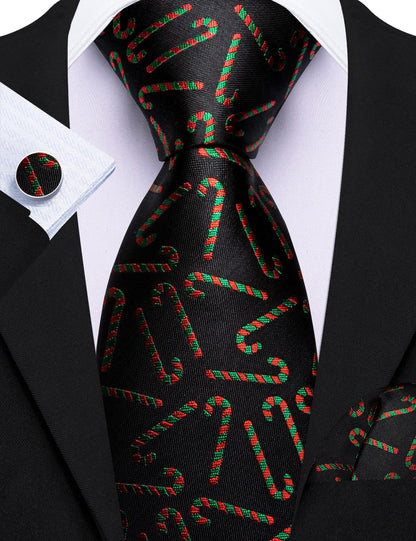 Black Red Green Candy Cane Jacquard Christmas Tie, Pocket Square and Cufflinks Set tie sets    - Sophisticated Gentlemen
