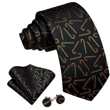 Black Red Green Candy Cane Jacquard Christmas Tie, Pocket Square and Cufflinks Set tie sets    - Sophisticated Gentlemen
