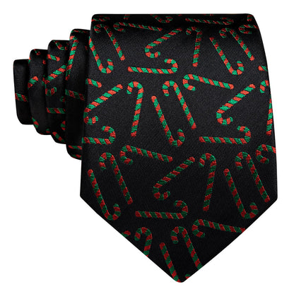 Black Red Green Candy Cane Jacquard Christmas Tie, Pocket Square and Cufflinks Set tie sets    - Sophisticated Gentlemen