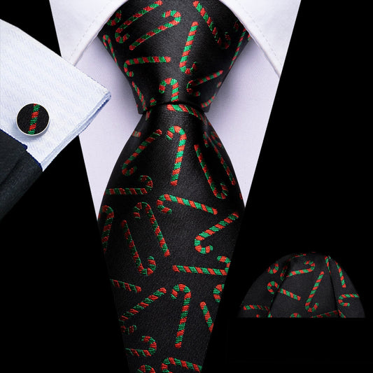 Black Red Green Candy Cane Jacquard Christmas Tie, Pocket Square and Cufflinks Set tie sets    - Sophisticated Gentlemen