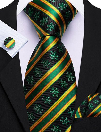 Black Green Snowflake Yellow Stripes Christmas Tie, Pocket Square and Cufflinks Set tie sets    - Sophisticated Gentlemen