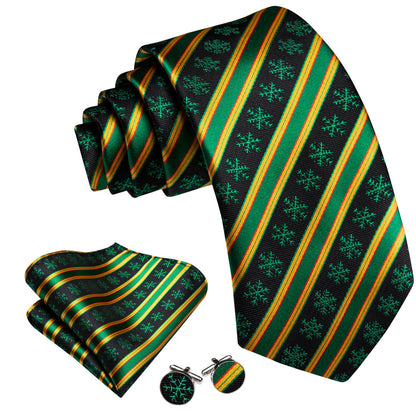 Black Green Snowflake Yellow Stripes Christmas Tie, Pocket Square and Cufflinks Set tie sets    - Sophisticated Gentlemen