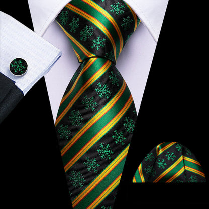 Black Green Snowflake Yellow Stripes Christmas Tie, Pocket Square and Cufflinks Set tie sets    - Sophisticated Gentlemen