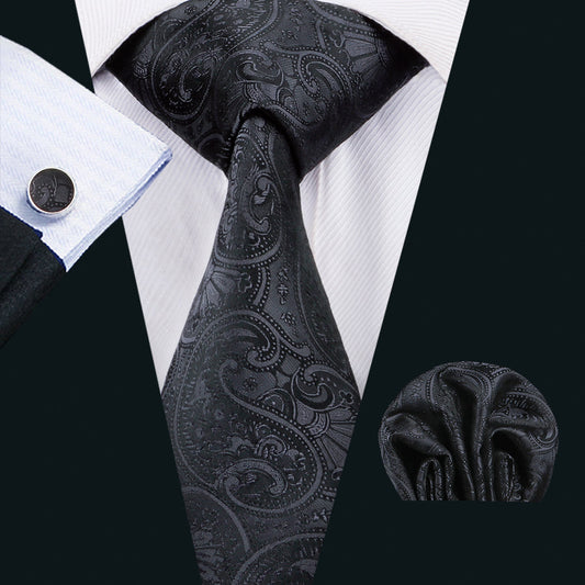 Classic Black Floral Silk XL Tie, Pocket Square and Cufflinks tie sets    - Sophisticated Gentlemen