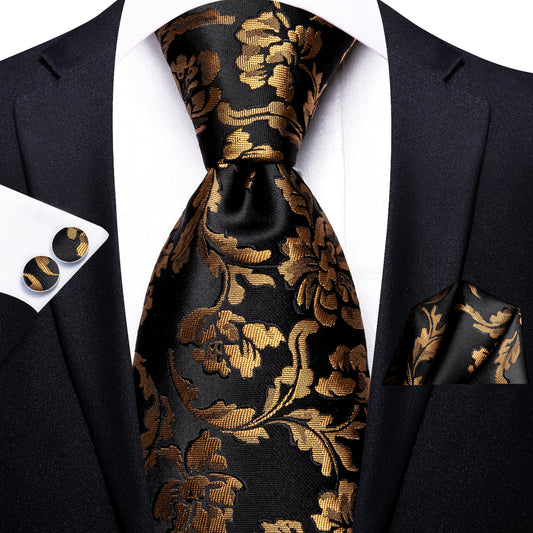 Black & Gold Floral Silk Tie, Pocket Square & Cufflinks Set tie sets - Sophisticated Gentlemen