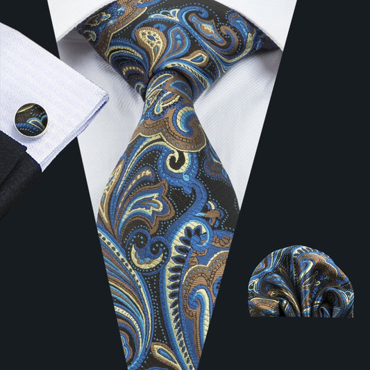 Brown Blue Floral Tie, Pocket Square and Cufflinks Set tie sets    - Sophisticated Gentlemen