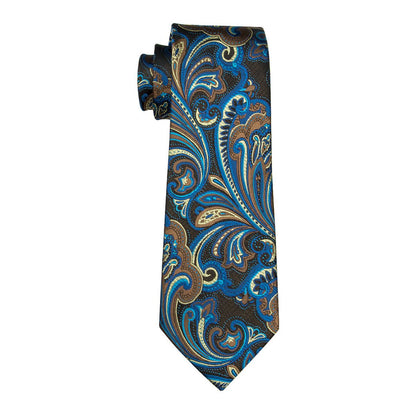 Brown Blue Floral Tie, Pocket Square and Cufflinks Set tie sets    - Sophisticated Gentlemen