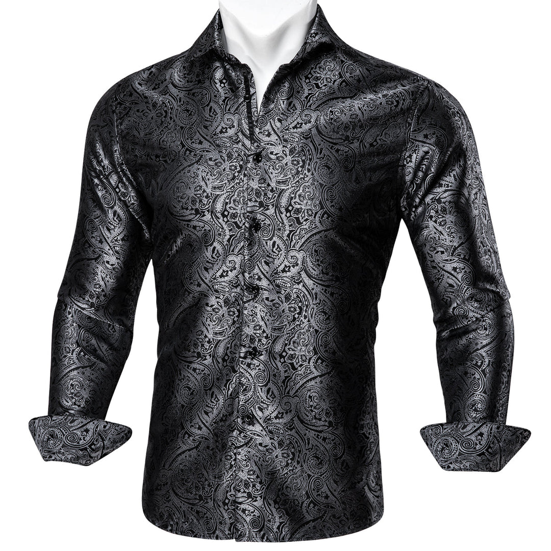 Black and Silver Paisley Silk Shirt shirt S   - Sophisticated Gentlemen