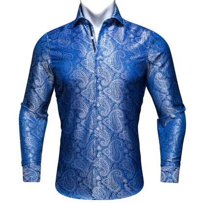 Elegant Blue Paisley Silk Dress Shirt shirt S   - Sophisticated Gentlemen