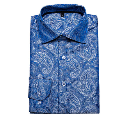 Elegant Blue Paisley Silk Dress Shirt shirt    - Sophisticated Gentlemen