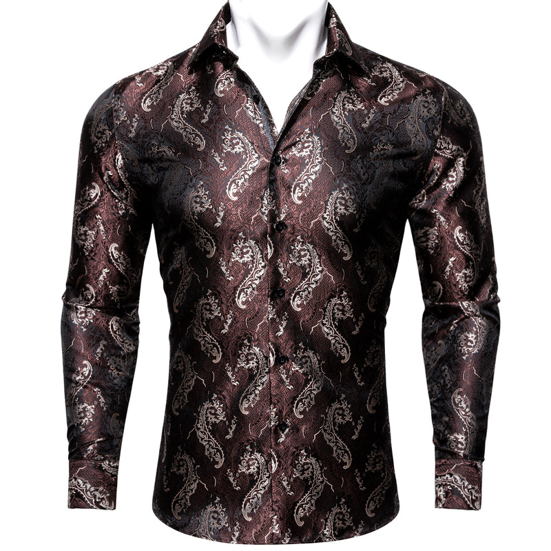 Chocolate Floral Silk Dress Shirt shirt S   - Sophisticated Gentlemen