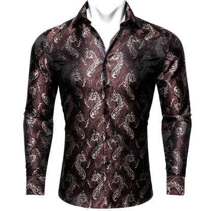 Chocolate Floral Silk Dress Shirt shirt S   - Sophisticated Gentlemen