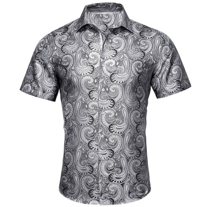 Silver Paisley Silk Short Sleeve Shirt shirt S   - Sophisticated Gentlemen