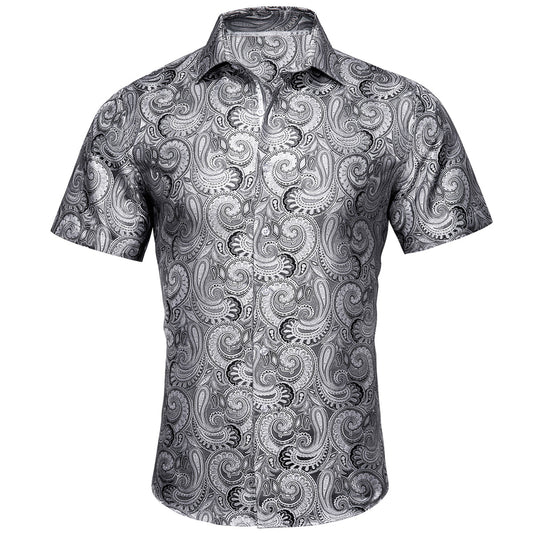 Silver Paisley Silk Short Sleeve Shirt shirt S   - Sophisticated Gentlemen