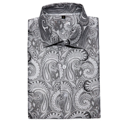 Silver Paisley Silk Short Sleeve Shirt shirt    - Sophisticated Gentlemen