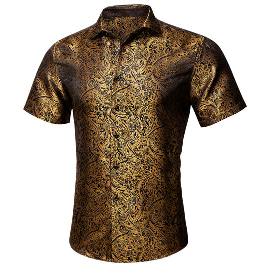 Black and Gold Paisley Silk Short Sleeve Shirt shirt S   - Sophisticated Gentlemen