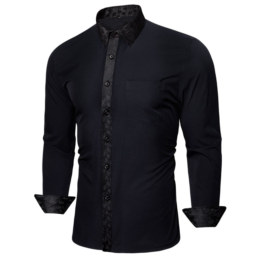 Black Dress Shirt with Subtle Floral Accent Trim shirt - Sophisticated Gentlemen
