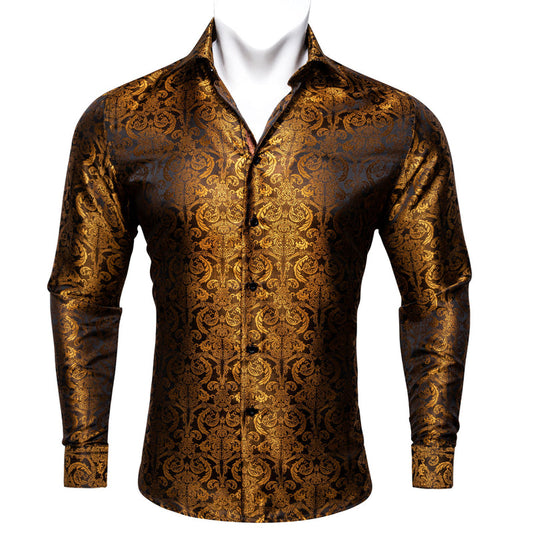Opulent Golden Brown Paisley Silk Dress Shirt shirt S - Sophisticated Gentlemen
