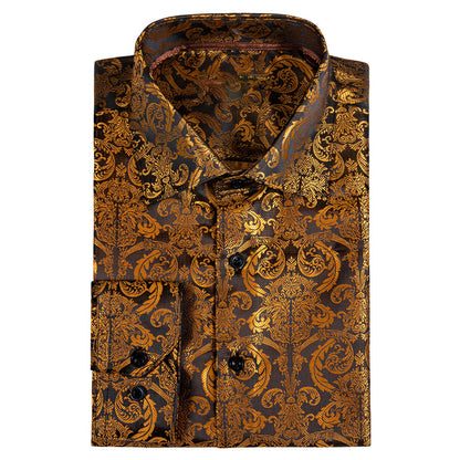 Opulent Golden Brown Paisley Silk Dress Shirt shirt - Sophisticated Gentlemen
