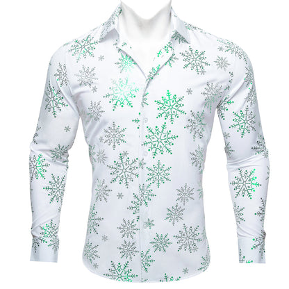 White & Green Snowflake Holiday Dress Shirt shirt S - Sophisticated Gentlemen