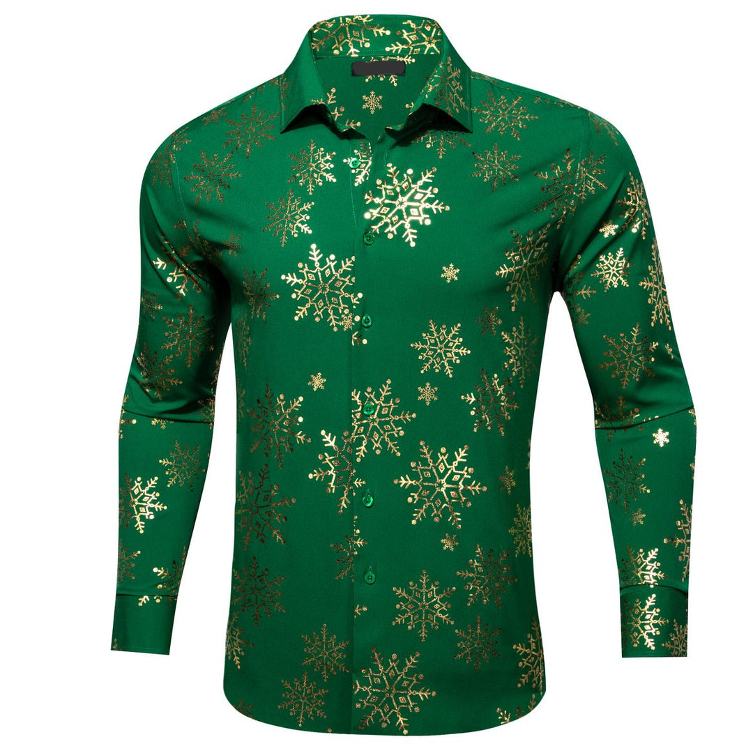 Green & Gold Snowflake Silk Shirt with Festive Design shirt S - Sophisticated Gentlemen