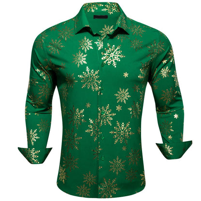 Green & Gold Snowflake Silk Shirt with Festive Design shirt - Sophisticated Gentlemen
