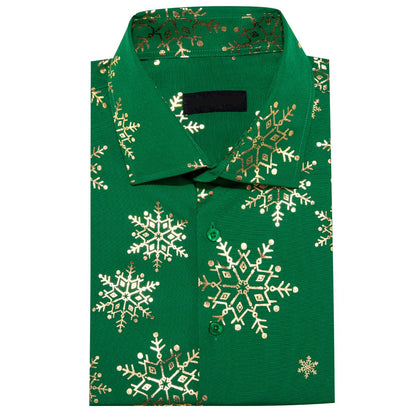 Green & Gold Snowflake Silk Shirt with Festive Design shirt - Sophisticated Gentlemen