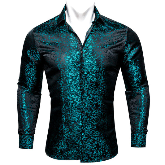 Black and Lake Blue Floral Silk Dress Shirt shirt S   - Sophisticated Gentlemen