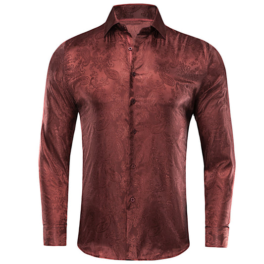 Red Brown Paisley Silk Dress Shirt shirt S   - Sophisticated Gentlemen