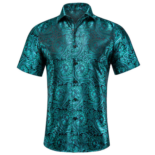 Emerald Green Paisley Silk Short Sleeve Shirt shirt S   - Sophisticated Gentlemen