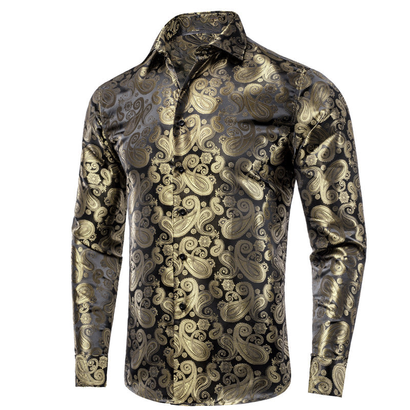 Luxury Champagne & Brown Paisley Silk Dress Shirt L