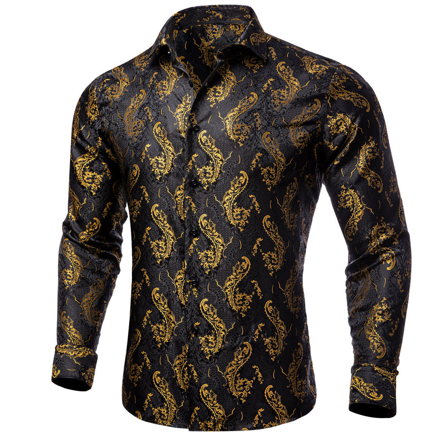 Black and Gold Floral Silk Dress Shirt M