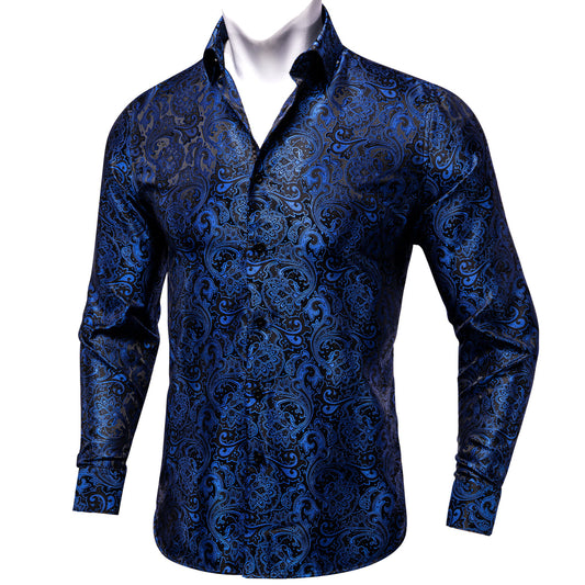 Black and Blue Floral Silk Shirt shirt S   - Sophisticated Gentlemen