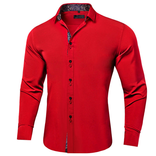 Red Silk Shirt with Black Paisley Accented Cuffs and Collar Shirt    - Sophisticated Gentlemen
