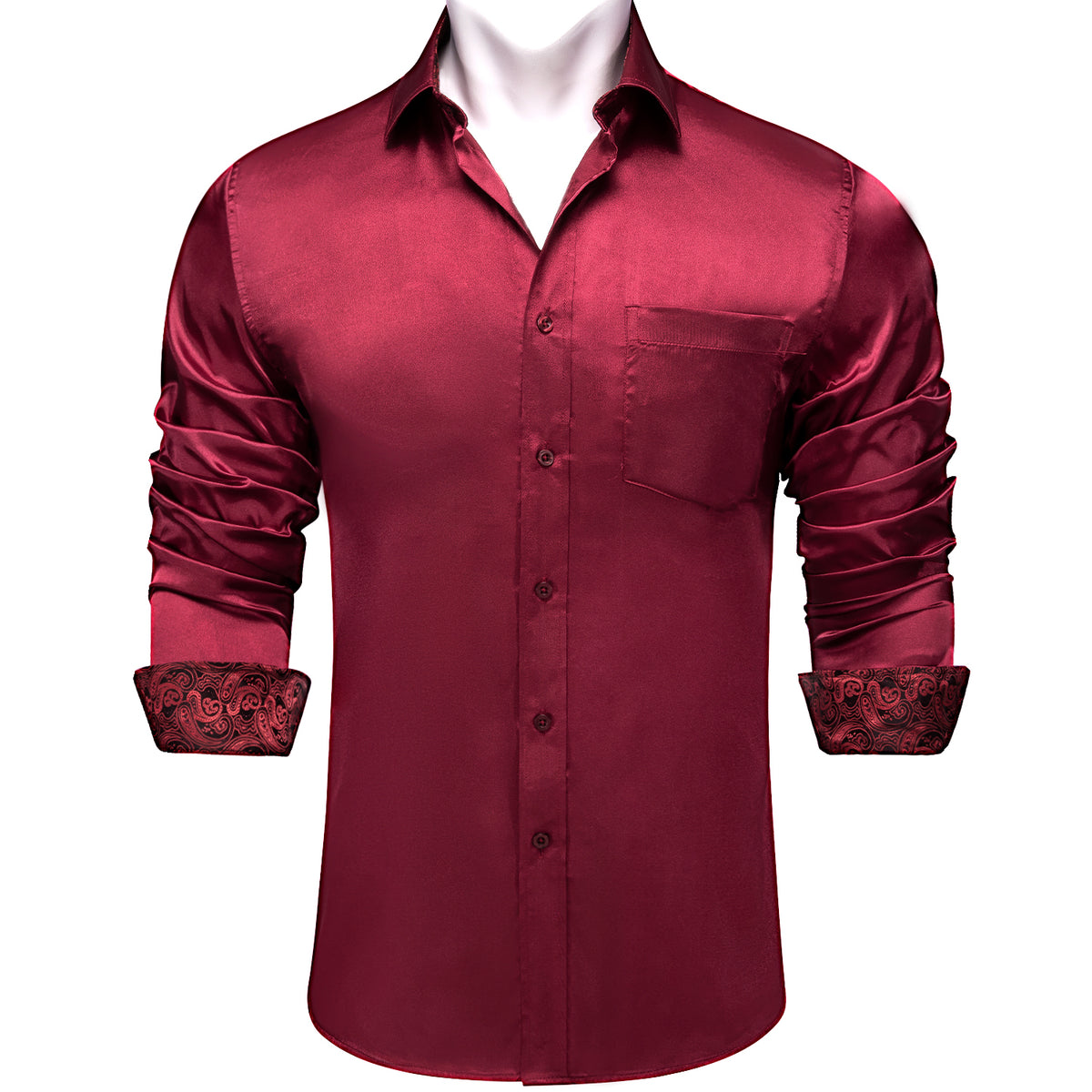 Burgundy Red Long Sleeve Shirt with Paisley Trim Detailing shirt S - Sophisticated Gentlemen
