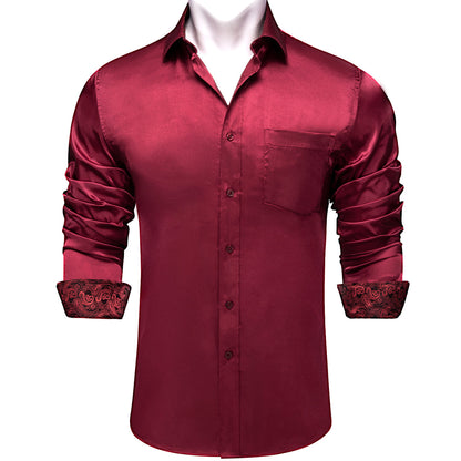 Burgundy Red Long Sleeve Shirt with Paisley Trim Detailing shirt S - Sophisticated Gentlemen