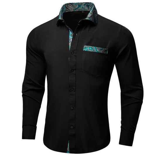Black Dress Shirt With Lake Blue Floral Accent shirt S   - Sophisticated Gentlemen