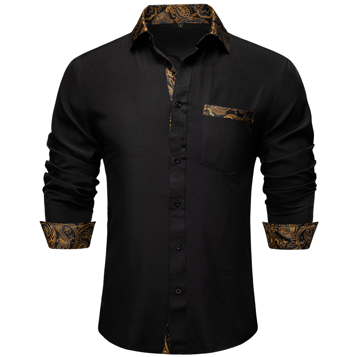Black Dress Shirt With Gold Paisley Accent – Sophisticated Gentlemen