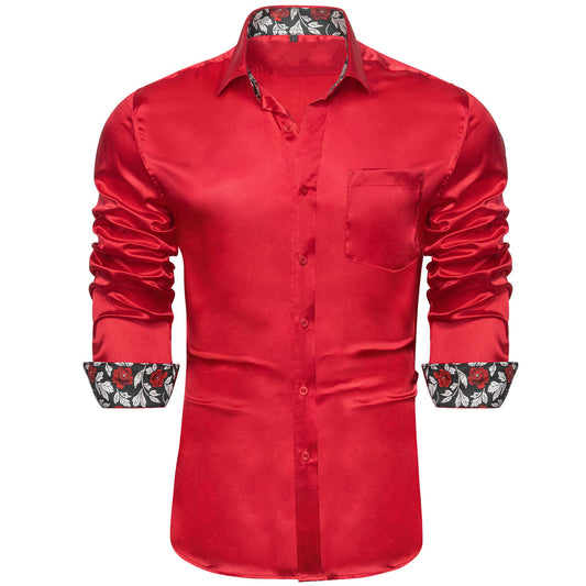 Red Dress Shirt with Black Floral Accent Trim shirt S - Sophisticated Gentlemen